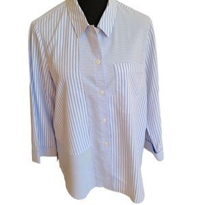 Cali Girls Women Blouse Button Up Collared Quarter Sleeve Pinstripes Blue Medium